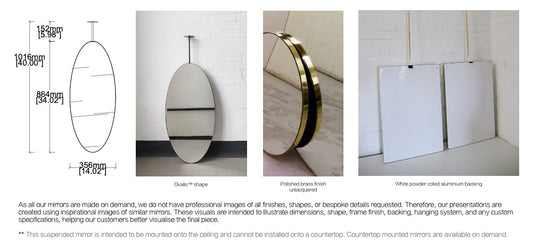 Bespoke Ceiling Suspended Ovalis™ Mirror No Illumination Minimalist Frame Polished Brass Finish – Unlacquered  1 arm (864 x 356 x 30mm)