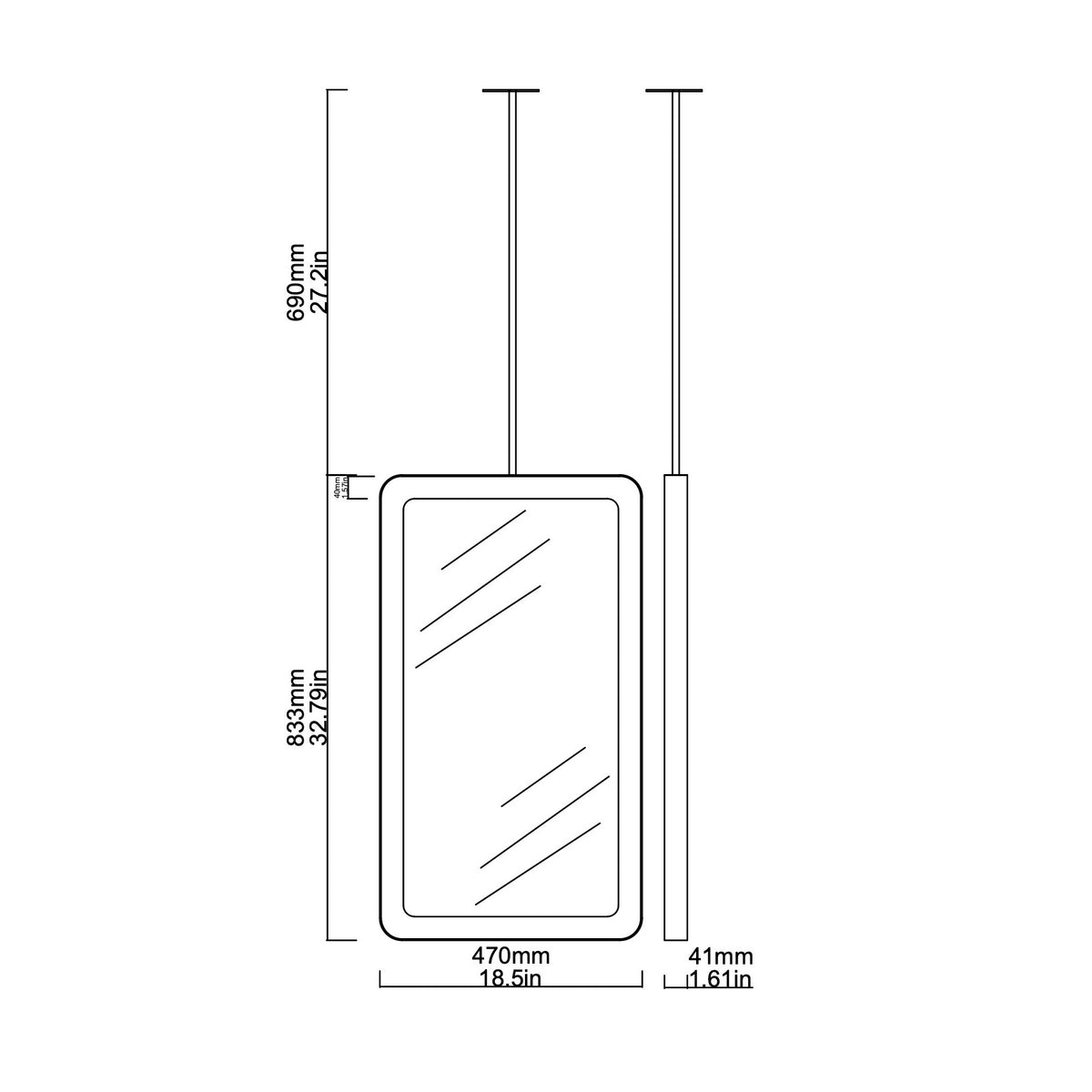 Ceiling Suspended Quadris™ Rectangular Illuminated Mirror with Brass Tray Frame