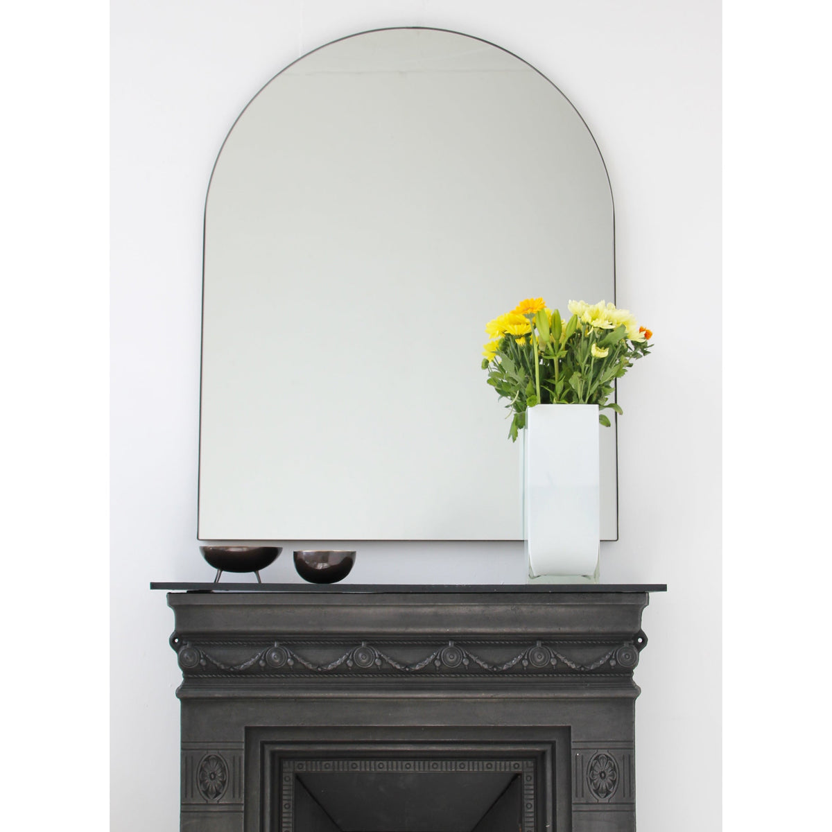 In Stock Arcus™ Arch shaped Overmantel Mirror with Contemporary Bronze Patina Frame
