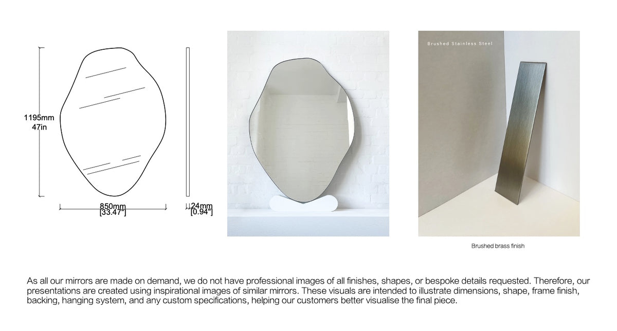 Bespoke Wall Hanging Organic Freeform B Mirror No Illumination Minimalist Frame Brushed Stainless Steel Finish – Unlacquered (1194 X 852 X 24mm)