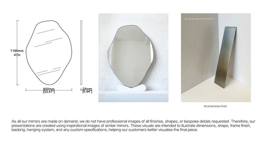 Bespoke Wall Hanging Organic Freeform B Mirror No Illumination Minimalist Frame Brushed Stainless Steel Finish – Unlacquered (1194 X 852 X 24mm)