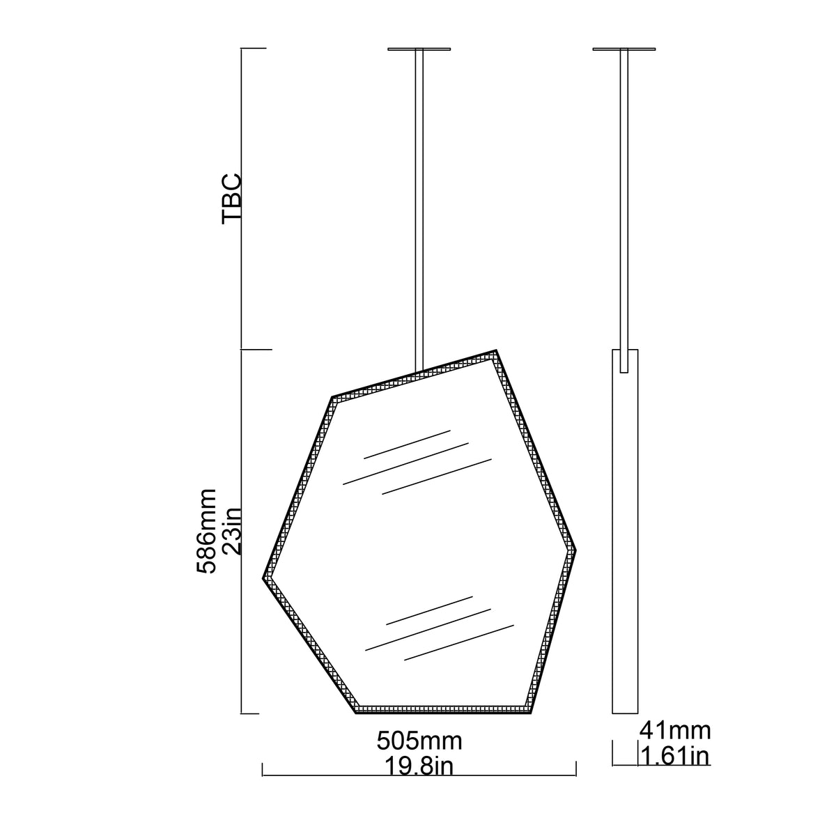Ceiling Suspended Front Illuminated Irregular Hexagon Mirror with Minimalist Bronze Patina Frame and ON / OFF Sensor Switch