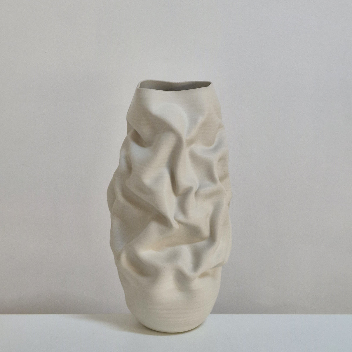 White Crumpled Form Ceramic Vessel, Unique Sculpture