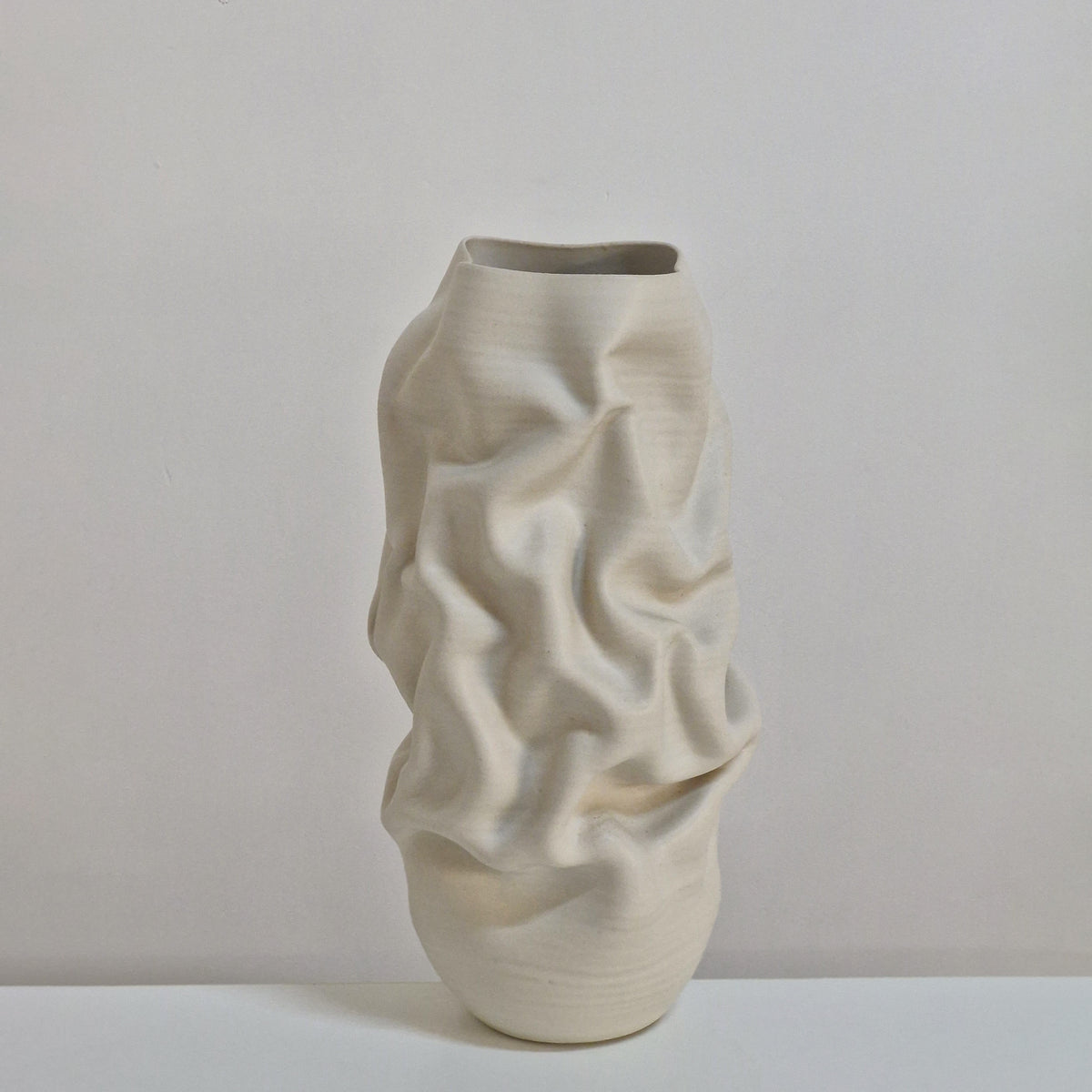 White Crumpled Form Ceramic Vessel, Unique Sculpture