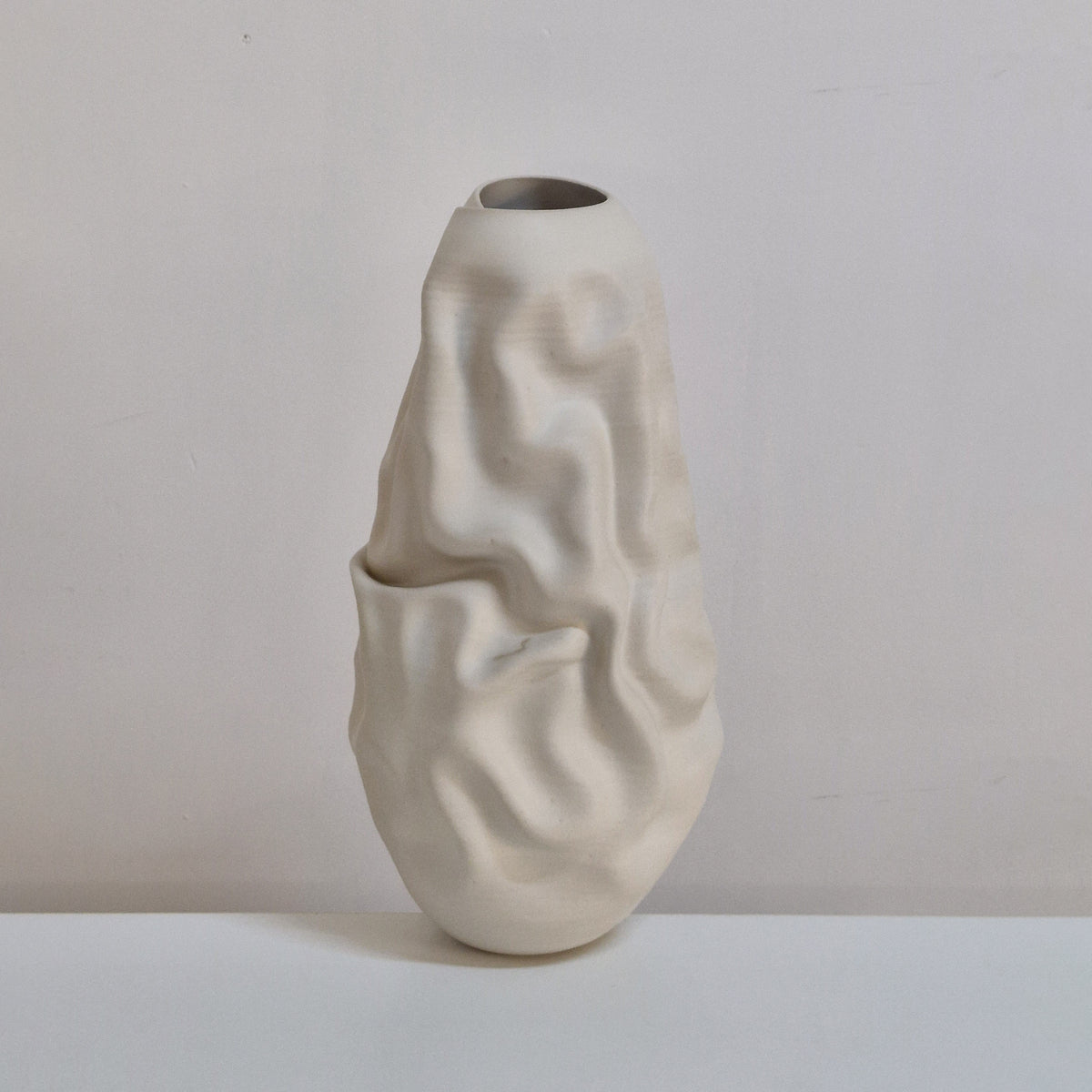 White Crumpled Form Ceramic Vessel, Unique Sculpture