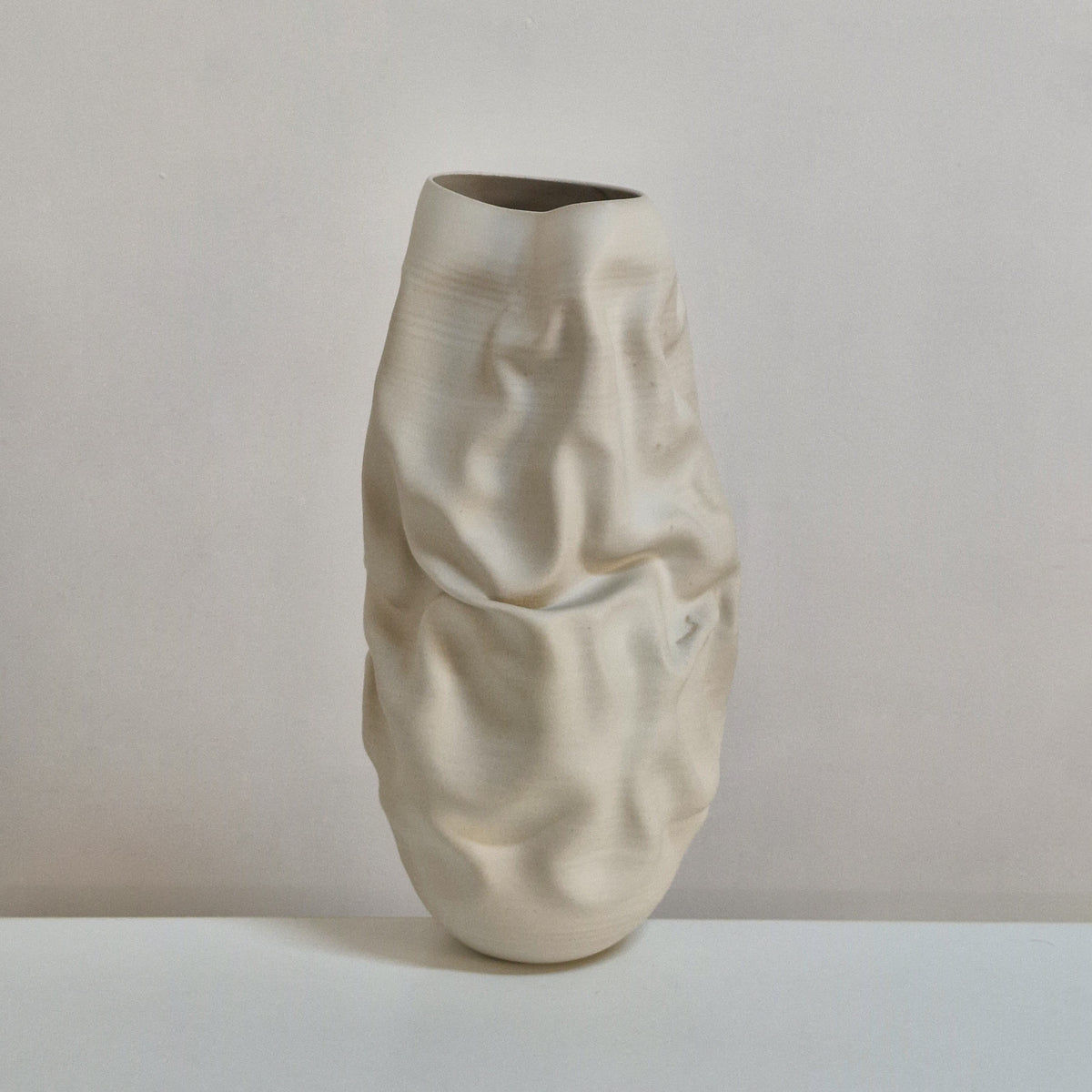 White Crumpled Form Ceramic Vessel, Unique Sculpture
