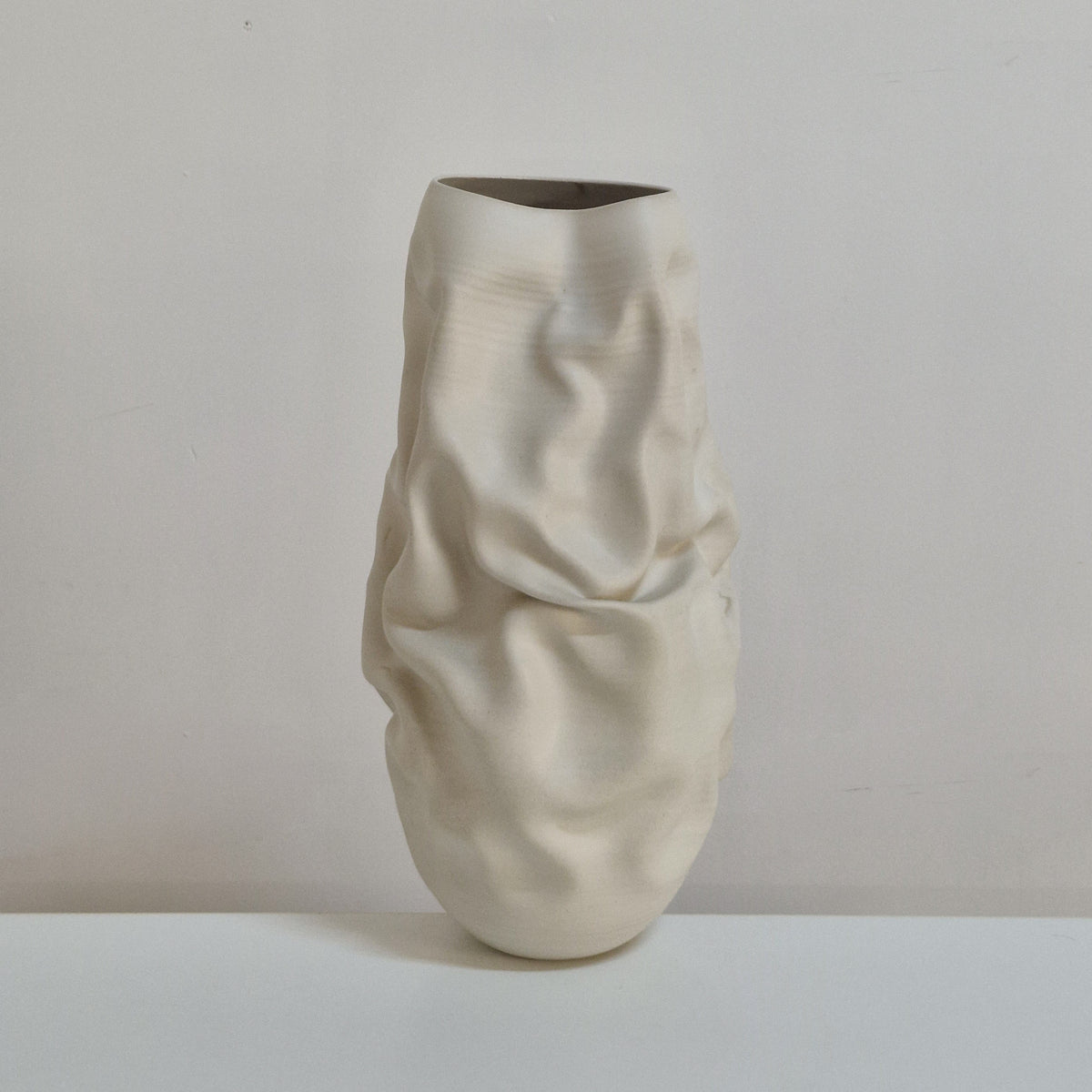 No. 163 White Crumpled Form Vessel, Unique Ceramic Sculpture
