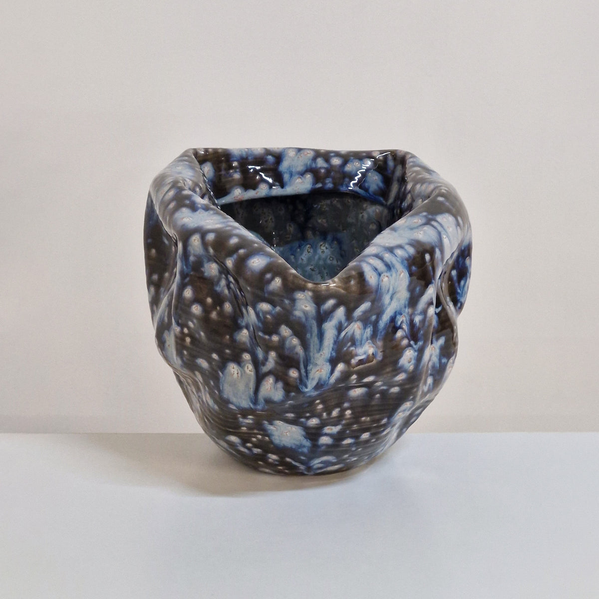 Large Irregular Form Ceramic Sculpture with Black and Blue Glaze