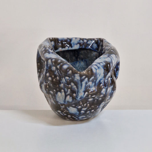 Large Irregular Form Ceramic Sculpture with Black and Blue Glaze