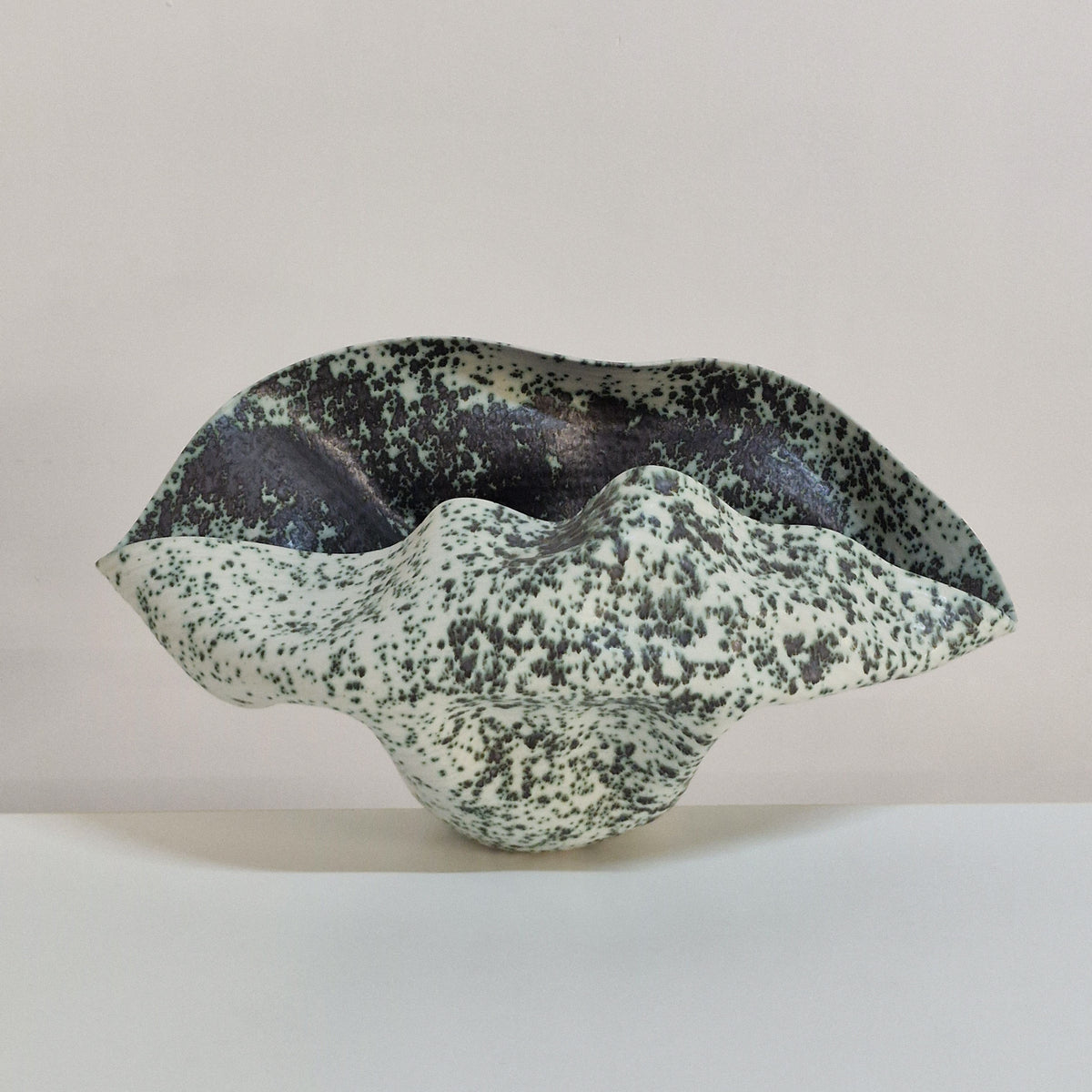 Wide Undulating Form with a Speckled Glaze, Ceramic Sculpture Vessel