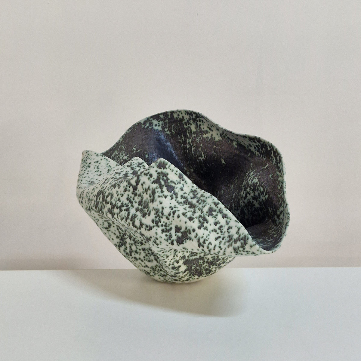 Wide Undulating Form with a Speckled Glaze, Ceramic Sculpture Vessel
