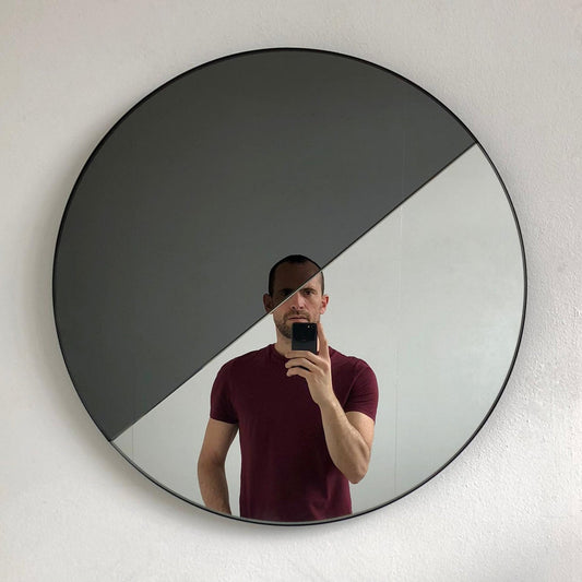 Orbis Dualis™ Mixed Tint (Black + Silver) Customisable Round Mirror with Black Frame