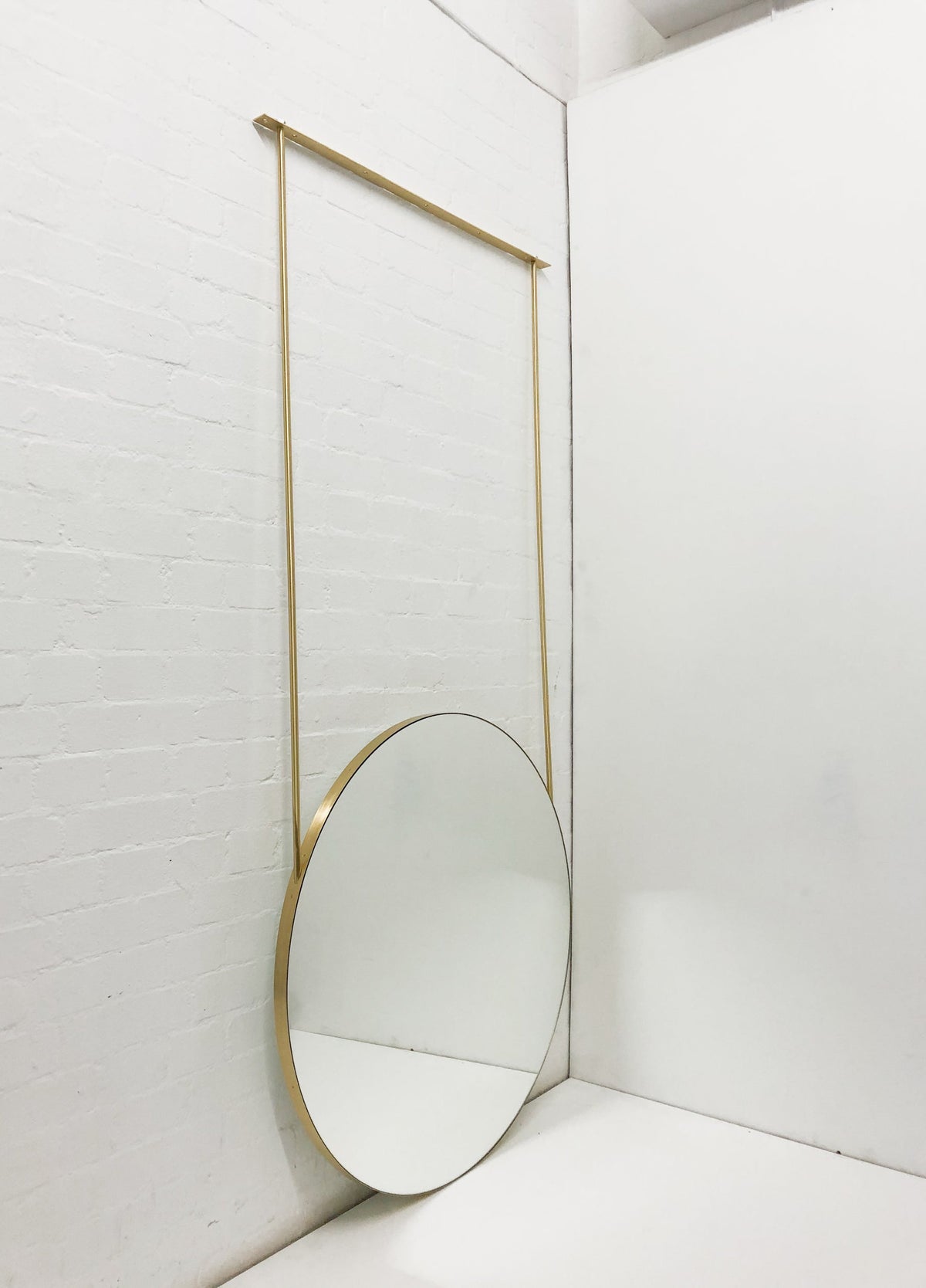Set of 2 Orbis™ Suspended Round Mirror with Brushed Brass Frame and Two Rods