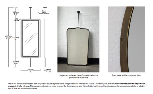 Set of 2 Bespoke Suspended Quadris™ Mirrors Full Frame Brass with Bronze Patina Finish 2 rods(Top & Bottom) Special Front illumination (1219 x 609 x 54mm)