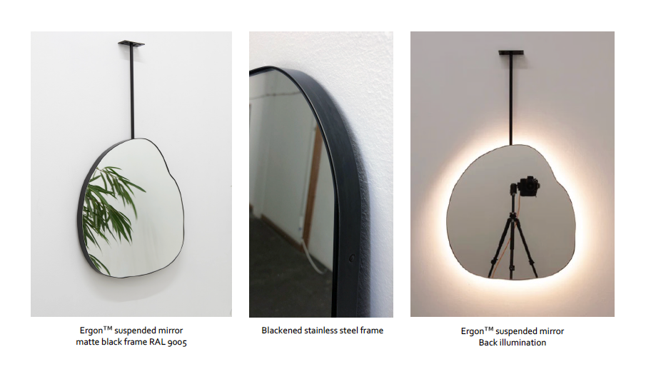Bespoke Suspended Ergon™ Organic Shape Mirror Blackened Stainless Steel Frame 1 rod Back Illumination (550 x 520 x 30 x 41mm)