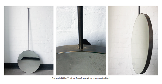 Set of 2 Bespoke Suspended Orbis™ Brass Frame Bronze Patina Finish 2 Rods Special Stitched Fabric Backing (914 x 30mm and 762 x 30mm) 