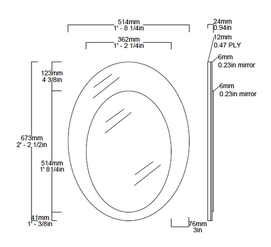 Bespoke Oval Shape: 2 Juxtaposed Mirrors Frameless Plywood Backing with Velvet Finish Back Mirror Bronze or Peach/Rose gold (673 x 514 x 6mm) and Front Mirror Silver Tint (514 x 362 x 6mm) 