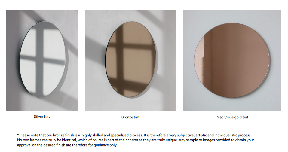 Bespoke Oval Shape: 2 Juxtaposed Mirrors Frameless Plywood Backing with Velvet Finish Back Mirror Bronze or Peach/Rose gold (673 x 514 x 6mm) and Front Mirror Silver Tint (514 x 362 x 6mm) 