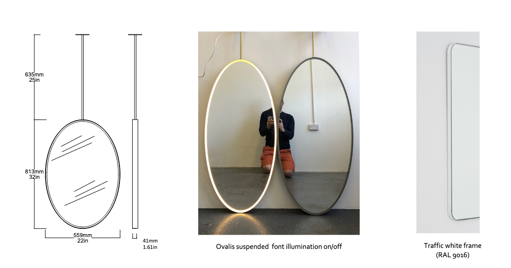 Set of two bespoke Suspended Ovalis™ Mirrors Traffic White Frame (RAL 9016) Front Illumination 1 rod (813 x 559 x 41mm)