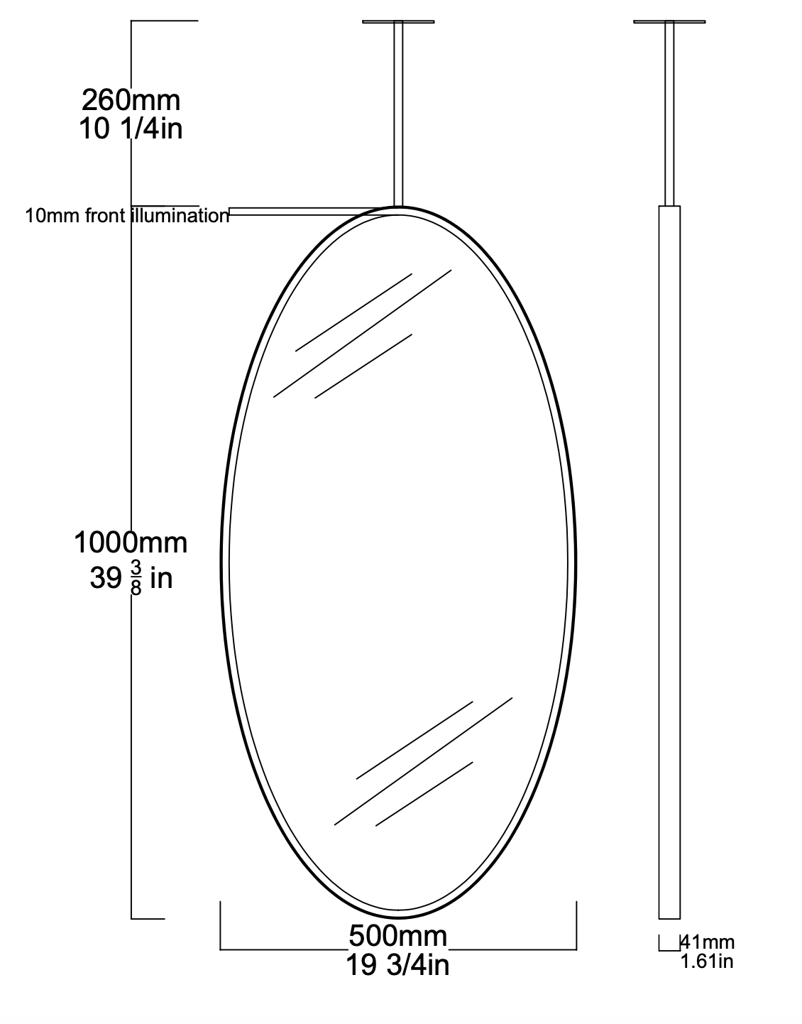 Set of 2 Bespoke Suspended Ovalis™ Mirrors Matte Black Frame Front illumination (RAL 9005) 1 Rod (1000 x 500 x 41mm)