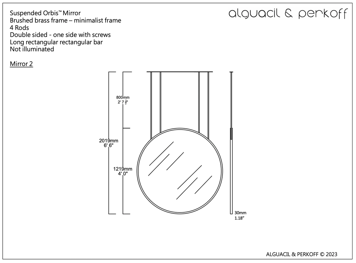 Set of 2 Bespoke Suspended Orbis Mirrors Brushed Brass Frame Diam 914 and Diam 1219
