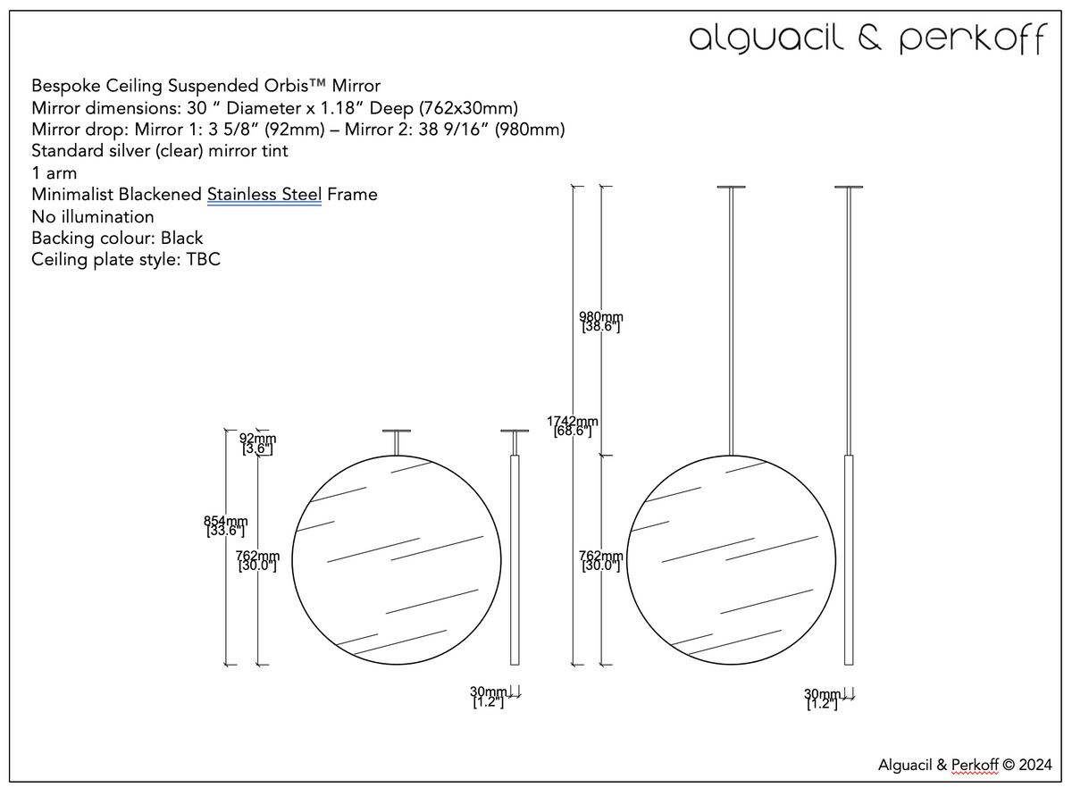 Set of two Bespoke Ceiling Suspended Orbis™ Mirror Blackened SS Frame 30" Diam