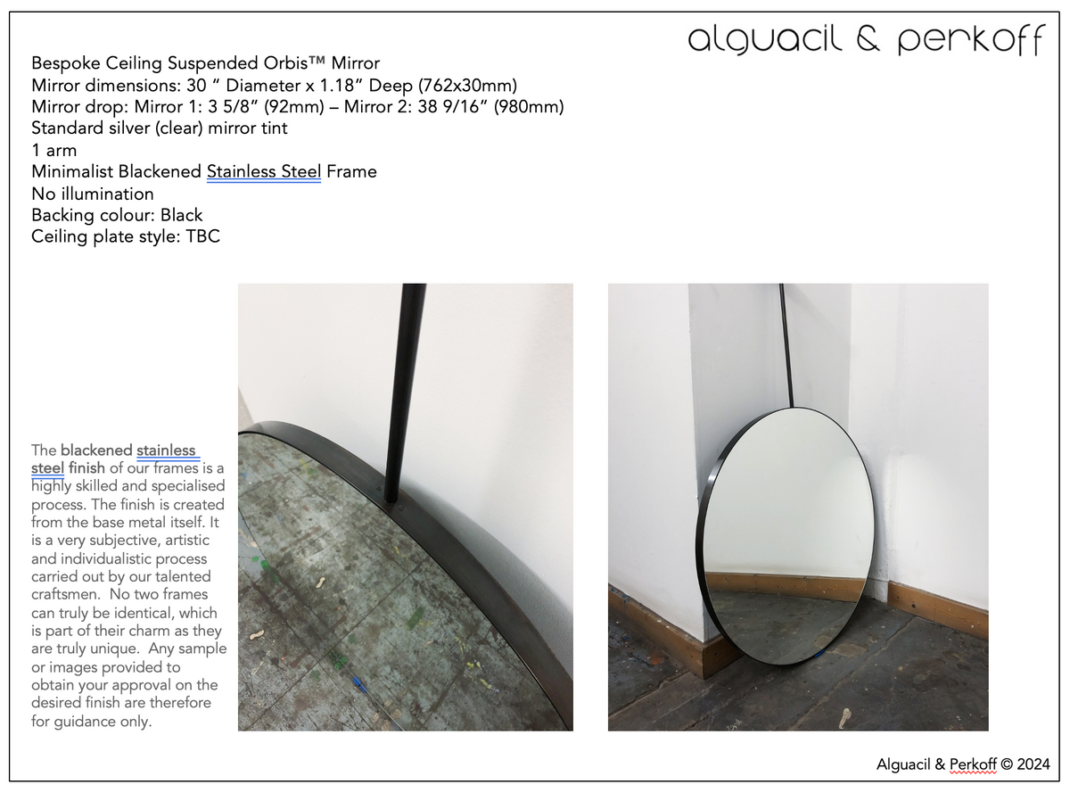 Set of two Bespoke Ceiling Suspended Orbis™ Mirror Blackened SS Frame 30" Diam