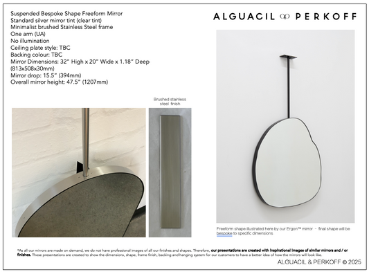 Suspended bespoke shape freeform mirror with brushed stainless steel frame 32x20"