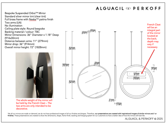 Deposit Payment - Bespoke Suspended Orbis™ Mirror Neska™ with 2 Arms Patina Frame Finish 36" Diam