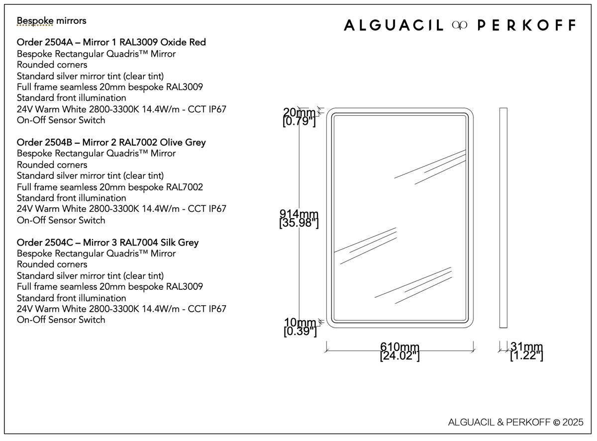 Supplement to Order 1668 - Illumination, sensor switch and bespoke RAL coloured frames
