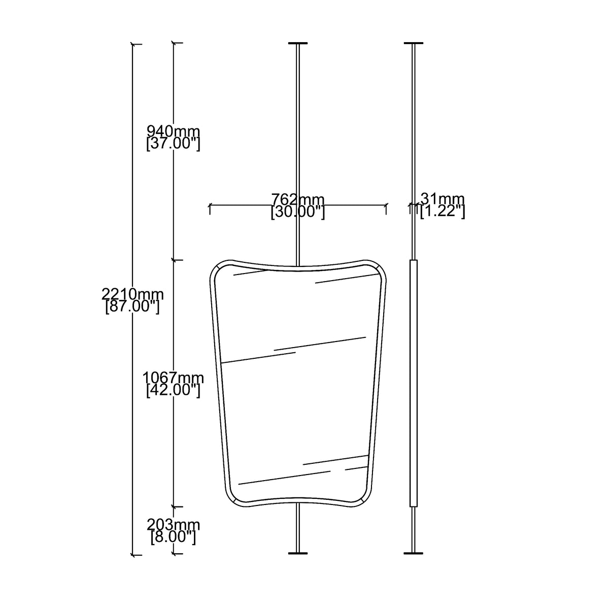 Countertop to Ceiling Suspended Mirror with Brass Frame Drawing