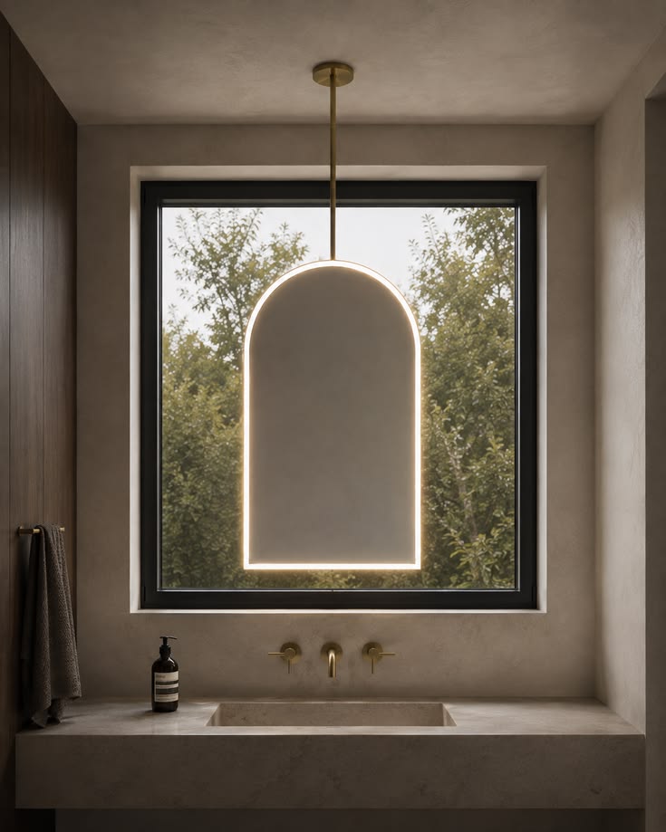 Ceiling Suspended Modern Arcus™ Arched Illuminated Mirror with Brass Frame and Backing