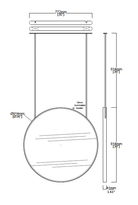 Bespoke Suspended Orbis™ Mirror Brushed Brass Frame and Backing 2 Rods Bespoke Capsule Long Bar Front Illumination – (914 x 41mm)