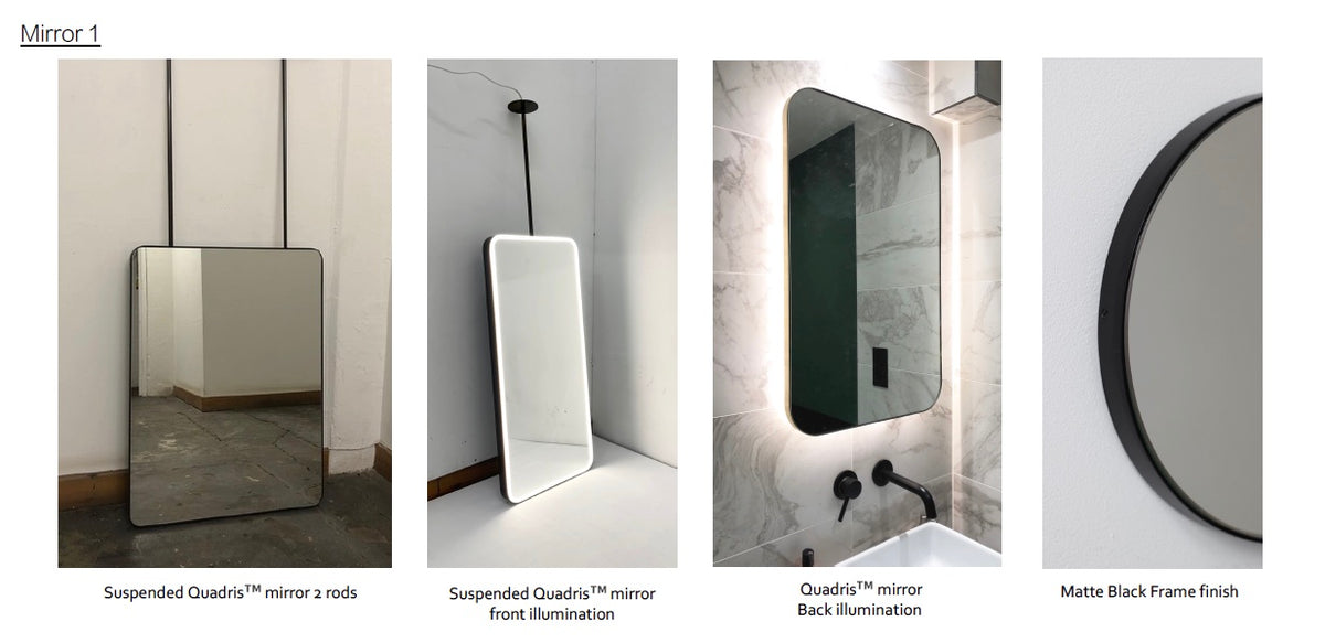Set of 4 bespoke mirrors:  1 x Bespoke Suspended Quadris™ Mirror Matte Black Frame (RAL 9015)  1 x Bespoke Quadris™ Mirror Brushed Brass Frame Finish 2 x Bespoke Quadris™ Mirror Matte Black Frame (RAL 9015)