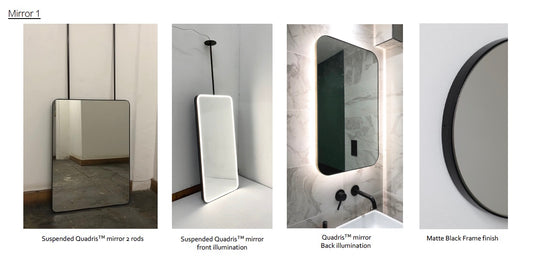 Set of 4 bespoke mirrors:  1 x Bespoke Suspended Quadris™ Mirror Matte Black Frame (RAL 9015)  1 x Bespoke Quadris™ Mirror Brushed Brass Frame Finish 2 x Bespoke Quadris™ Mirror Matte Black Frame (RAL 9015)