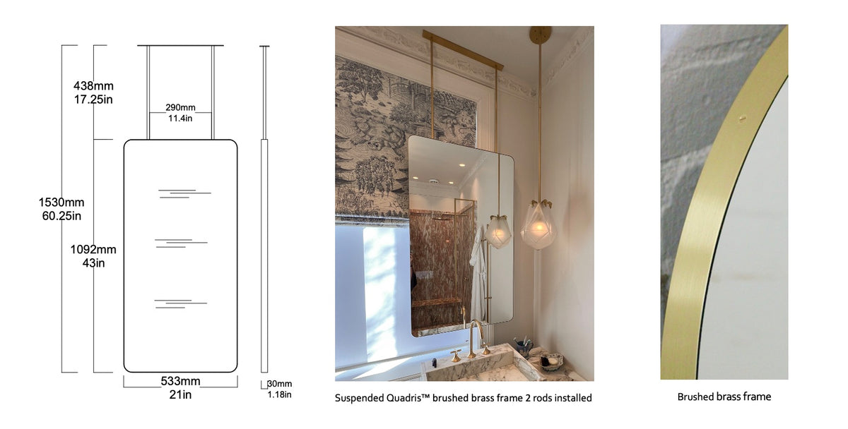 Set of 3 Bespoke Brushed Brass Frame Finish Mirrors: 2 x Suspended Quadris™ (1092 x 533 x 30mm) and 1 x Capsula™ (710 x 460 x 18mm)