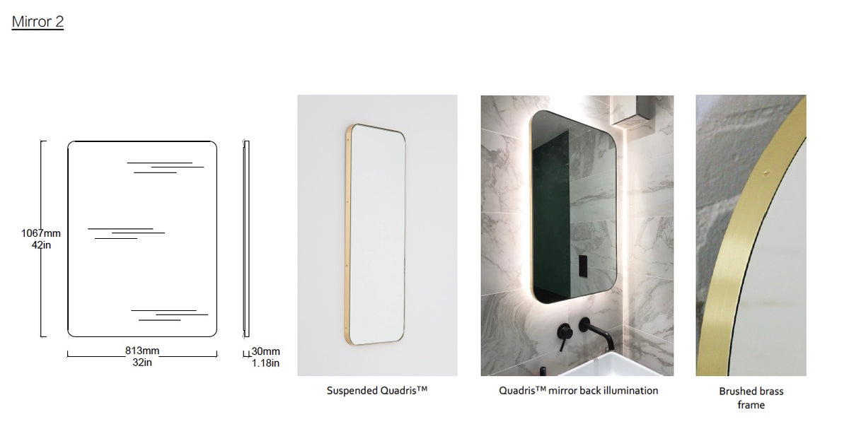 Set of 4 bespoke mirrors:  1 x Bespoke Suspended Quadris™ Mirror Matte Black Frame (RAL 9015)  1 x Bespoke Quadris™ Mirror Brushed Brass Frame Finish 2 x Bespoke Quadris™ Mirror Matte Black Frame (RAL 9015)