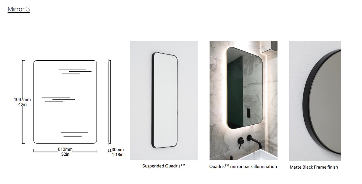 Set of 4 bespoke mirrors:  1 x Bespoke Suspended Quadris™ Mirror Matte Black Frame (RAL 9015)  1 x Bespoke Quadris™ Mirror Brushed Brass Frame Finish 2 x Bespoke Quadris™ Mirror Matte Black Frame (RAL 9015)