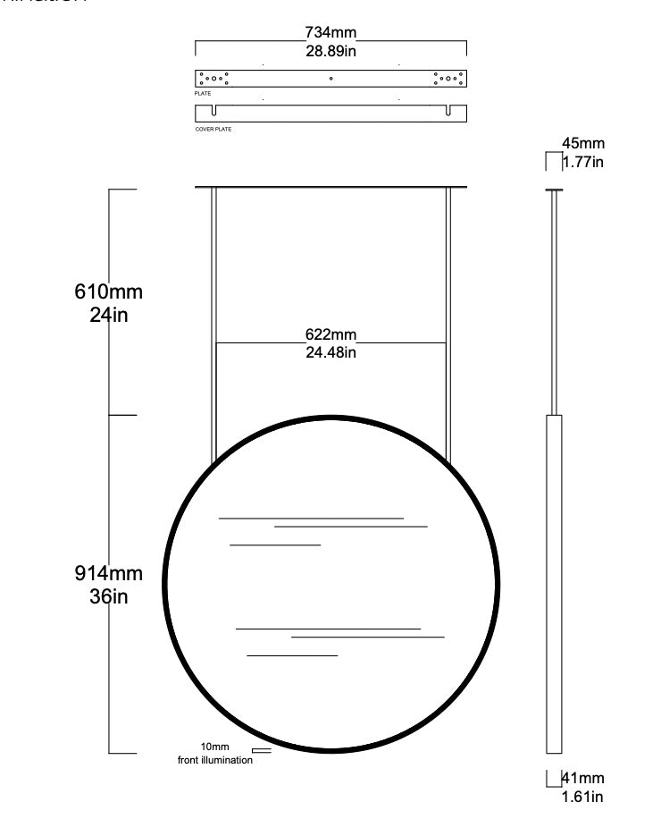Set of 2 Bespoke Suspended Orbis™ Mirrors Brushed Stainless Steel Frame Front Illumination 2 rods (914 x 41mm)