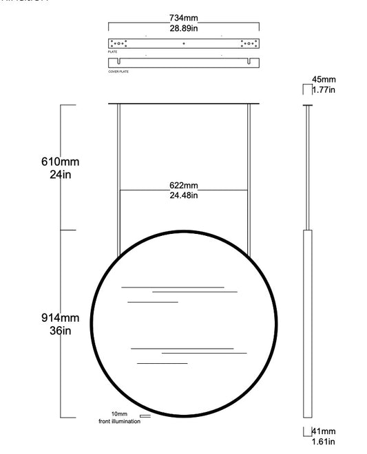 Set of 2 Bespoke Suspended Orbis™ Mirrors Brushed Stainless Steel Frame Front Illumination 2 rods (914 x 41mm)