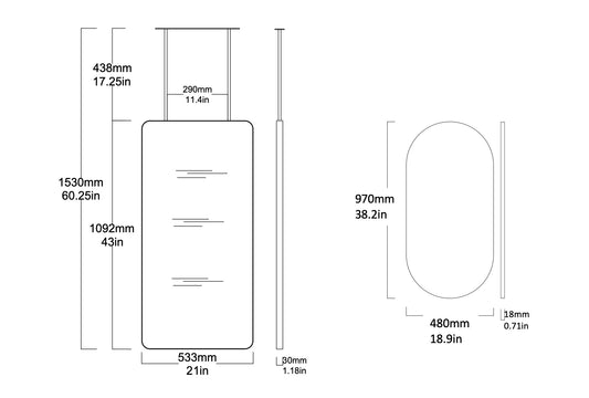 Set of 3 Bespoke Brushed Brass Frame Finish Mirrors: 2 x Suspended Quadris™ (1092 x 533 x 30mm) and 1 x Capsula™ (710 x 460 x 18mm)