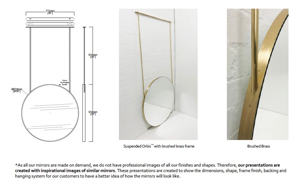Bespoke Suspended Orbis™ Mirror Brushed Brass Frame and Backing 2 Rods Bespoke Capsule Long Bar Front Illumination – (914 x 41mm)