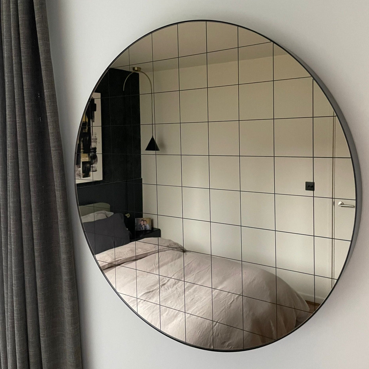 Orbis Bronze Tinted Round Mirror with Sandblasted Grid and a Bronze Patina Frame
