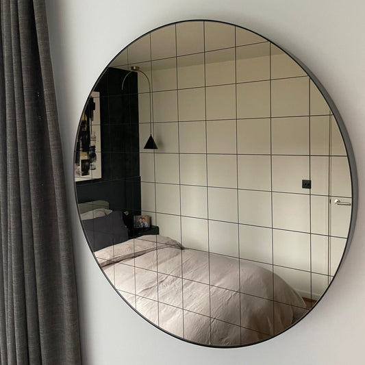 Orbis Bronze Tinted Round Mirror with Sandblasted Grid and a Bronze Patina Frame
