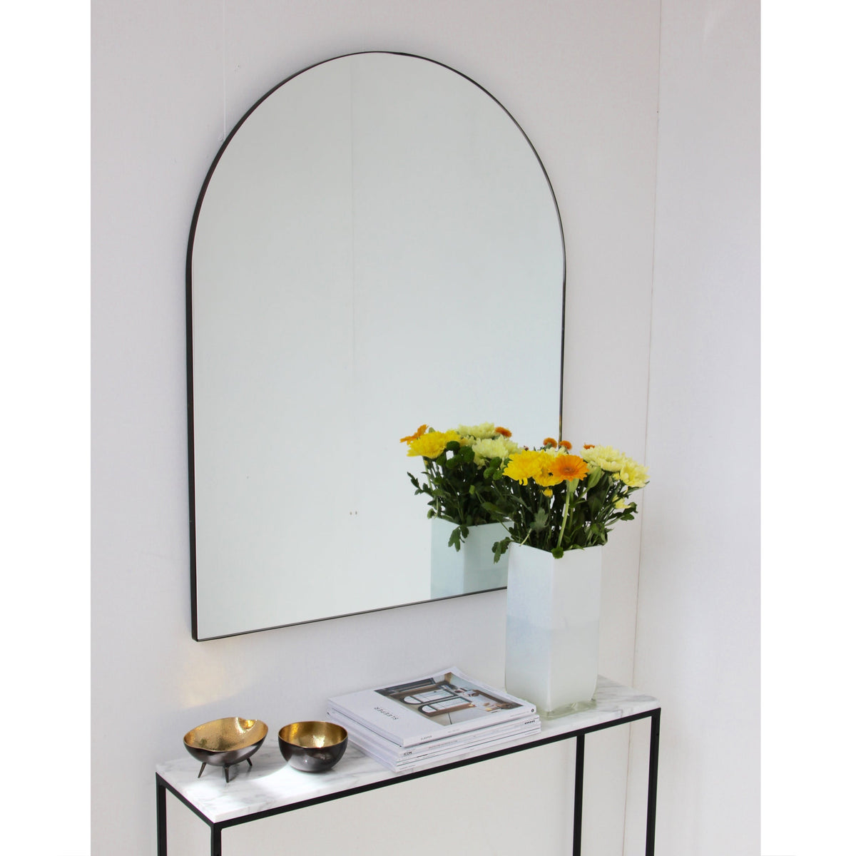 In Stock Arcus™ Arch shaped Overmantel Mirror with Contemporary Bronze Patina Frame