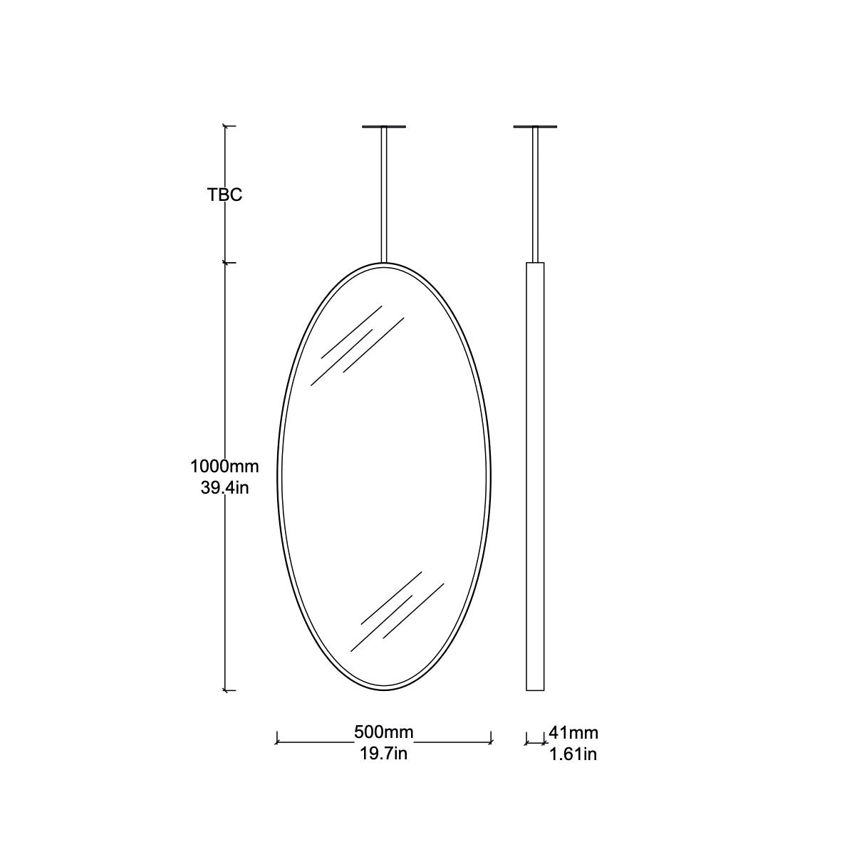 Ovalis™ Illuminated Ceiling Hanging Contemporary Oval Mirror with a Brass Frame, Customisable