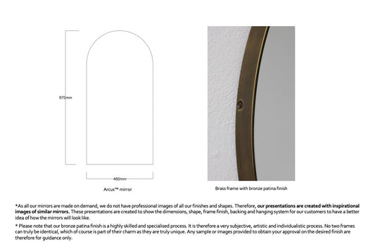 Bespoke Arcus™ Mirror Standard Silver Mirror Tint BrassFframe With Bronze Patina Frame Finish   (970 x 480 x 18mm)