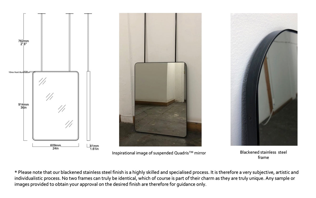 Set of 2 bespoke Suspended Quadris™ Mirrors Standard Blackened Stainless Steel Frame Front Illumination 2 rods  (914 x 609 x 41mm)