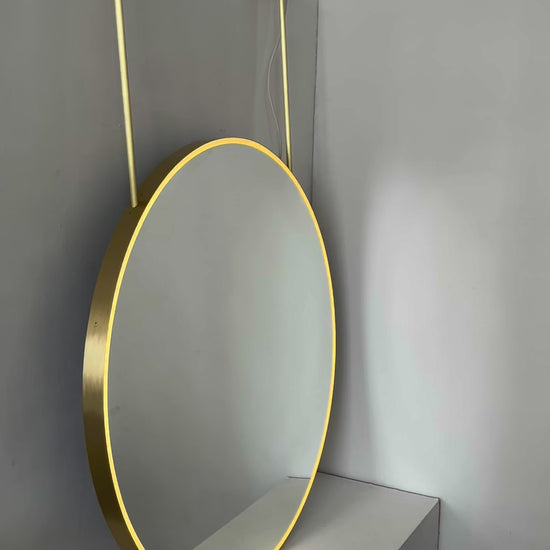 Orbis™ Illuminated Ceiling Suspended Round Mirror with Brushed Brass Frame, Two Arms