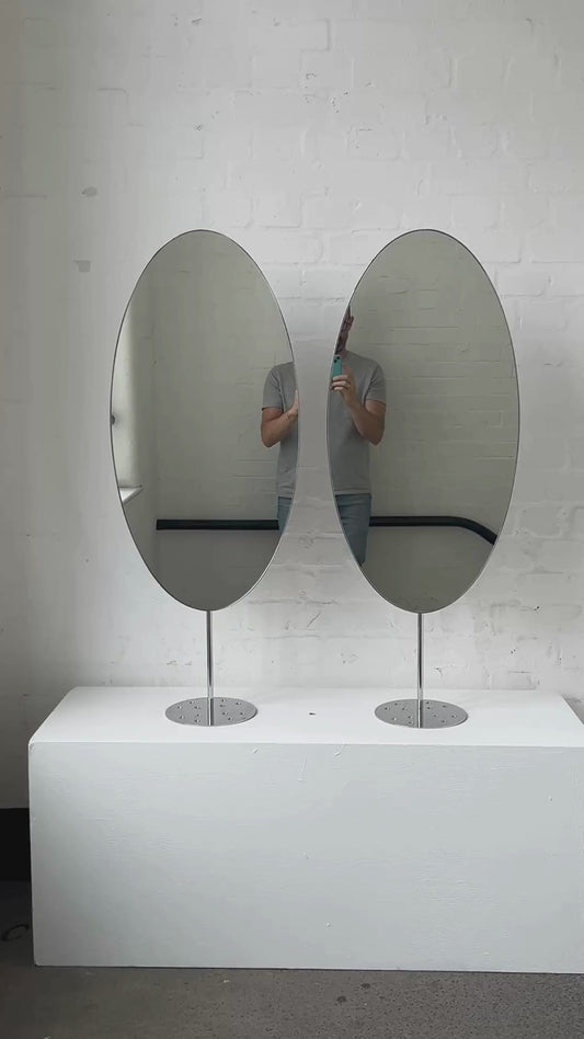 Countertop attached oval mirrors with a modern stainless steel frame